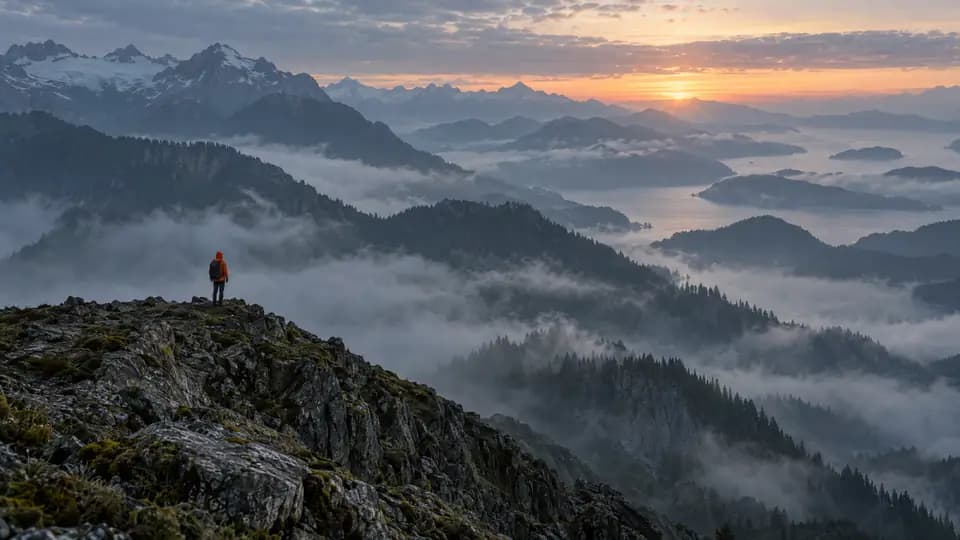 關鍵畫面：穿橘色外套的健行者站在雲霧繚繞的山脊上