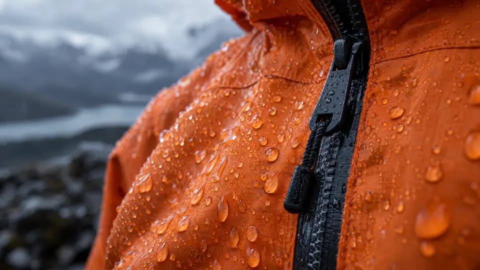 關鍵畫面：橘色外套布料上的雨滴