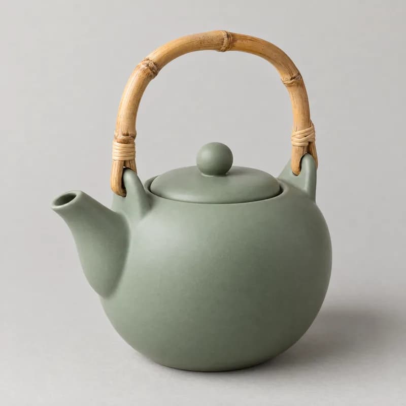 竹把手灰綠色陶瓷茶壺的商品照片