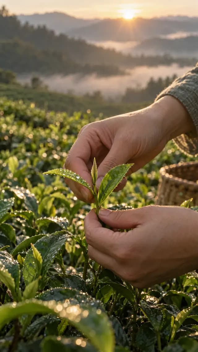分鏡畫面：雙手採摘新鮮茶葉
