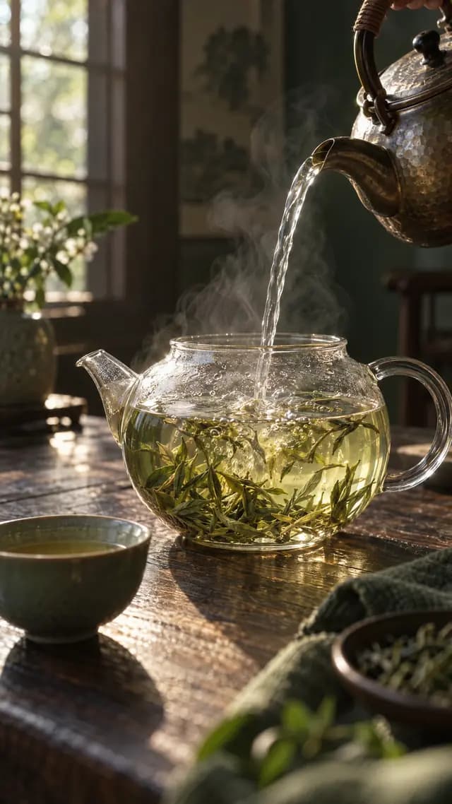 分鏡畫面：熱水倒進玻璃茶壺