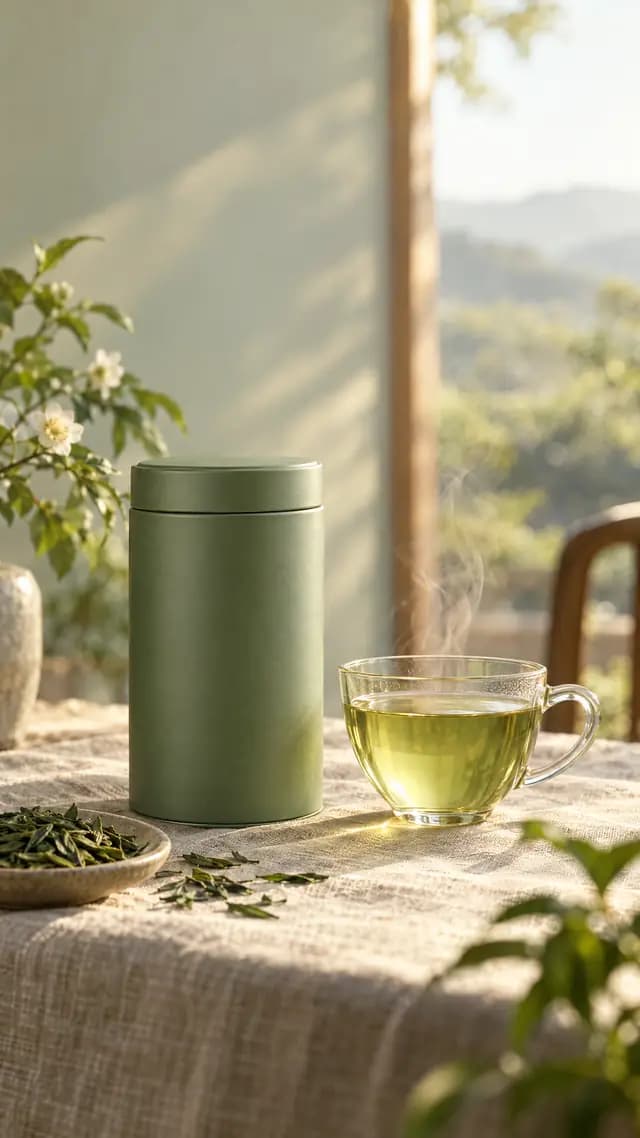 分鏡畫面：綠色茶罐旁放著一杯茶