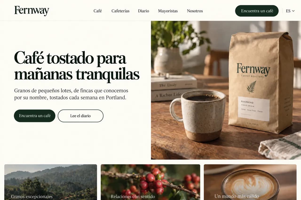 同一個首頁的西班牙語版,標題為“Café tostado para mañanas tranquilas”