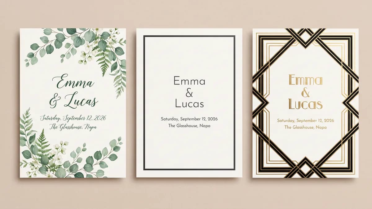 為 Emma 和 Lucas 設計的三款不同風格的婚禮邀請函