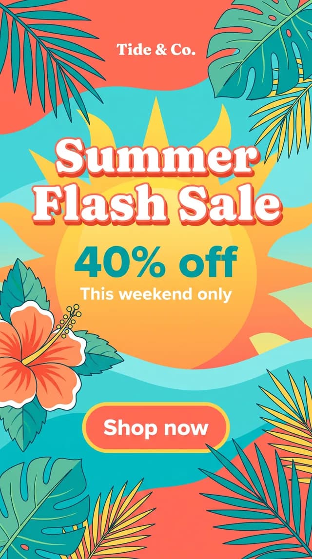夏季限時促銷的 Instagram 限時動態,搭配棕櫚葉和「Shop now」按鈕